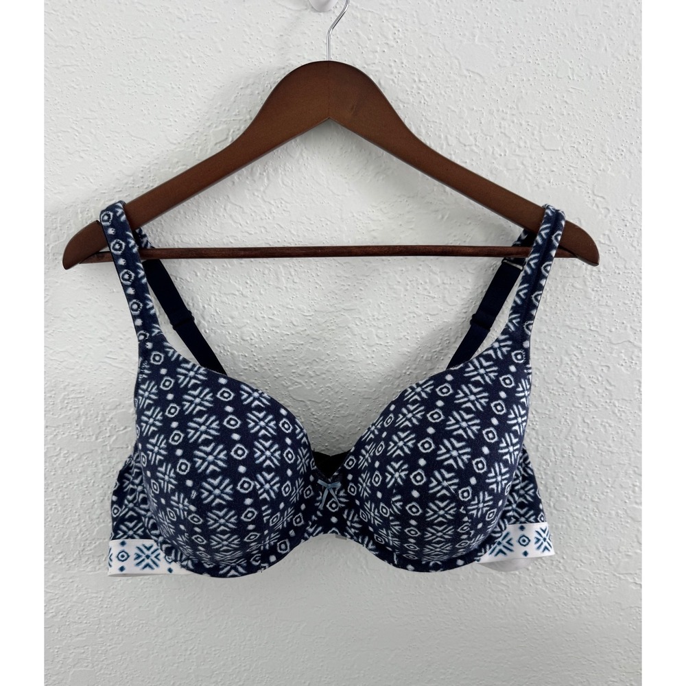Cacique Lightly Lined T-Shirt Bra 44 B Underwire 95% Cotton Blue White Pattern